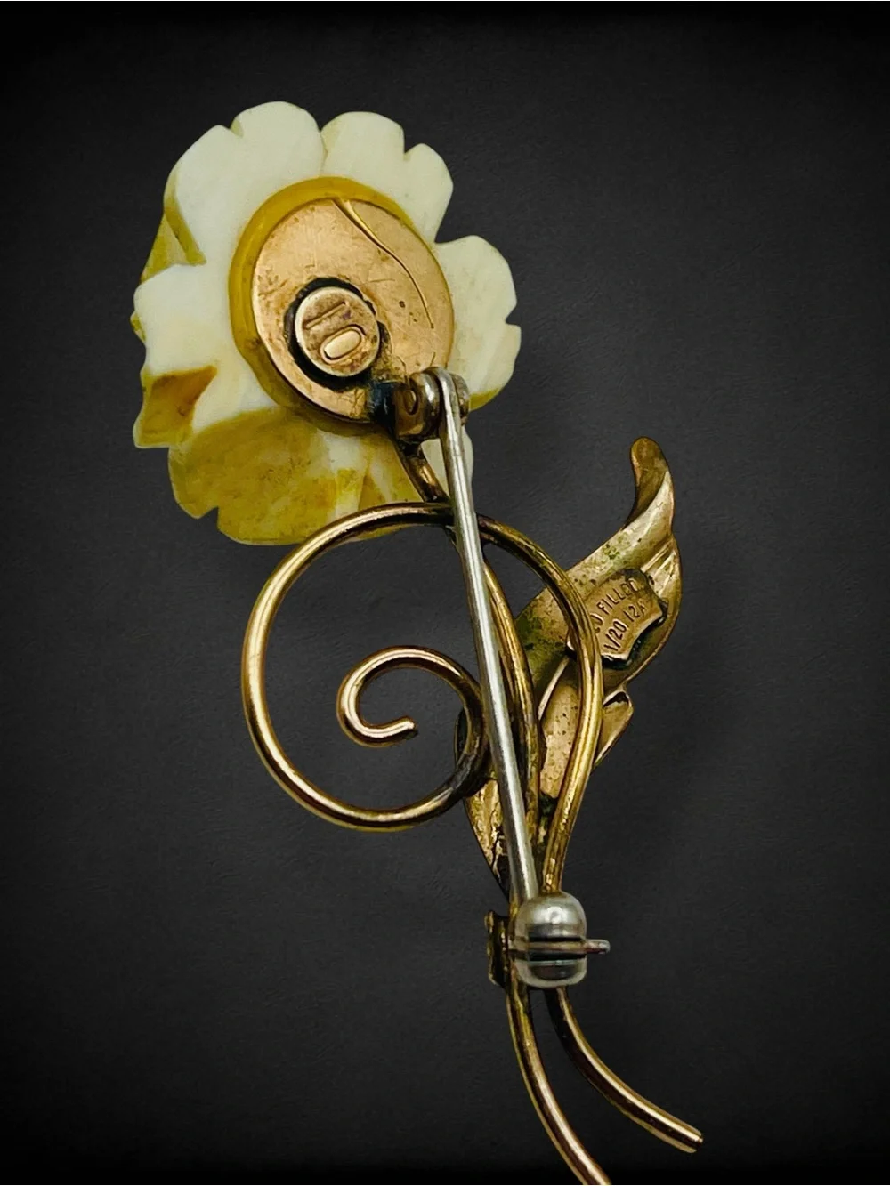 Vintage 12K GF Carved Celluloid White Rose Flower Brooch Pin Mid Centur